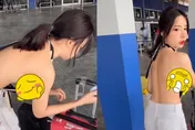 前面只遮2塊布！馬尾辣妹上身真空「機場彎腰10秒」　網暴動：噴鼻血了啦～