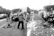 貨車失控撞公車…嘉義159縣道車禍！車頭凹陷零件噴飛