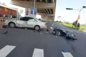 影/互不相讓！機車攔腰撞轎車「2人噴飛倒地」　苗栗3人受傷送醫