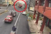 影/離心力太強！彰化田中貨櫃車過彎失控　單邊滑行後側翻