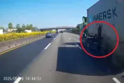 影/國道血滴子！中山高仁德段貨櫃車突爆胎　胎皮噴過來
