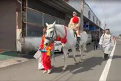 影/彰化古禮迎娶嫁妝一牛車！新郎騎白馬、新娘坐大轎