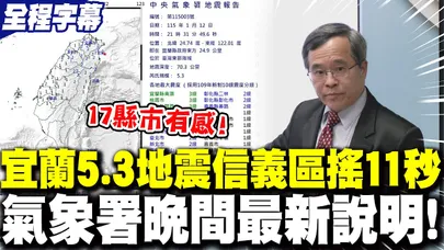 【全程字幕】宜蘭深夜5.3地震"17縣市有感"!台北信義區"搖11秒"!氣象署晚間最新說明!