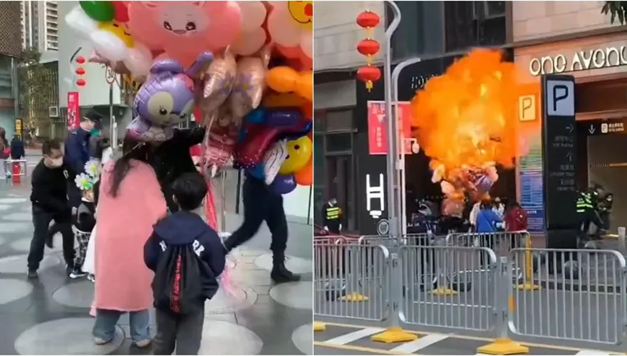 影/燃噴「巨大火球」！保全驅趕小販點火燒氣球　網友看完拳頭硬了...
