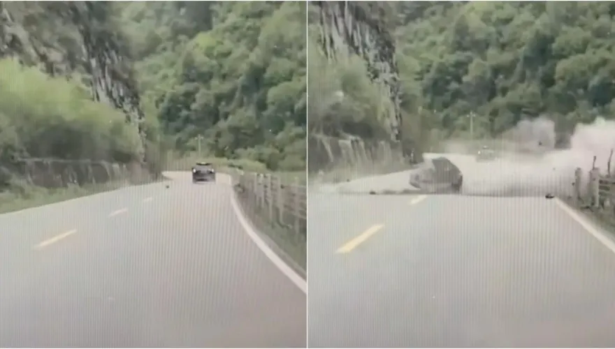 影/差1秒見閻王！四川土石流傾瀉　越野車險遭「巨石壓頂」