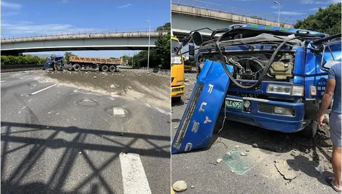 快訊／砂石車橫躺路中央…國一神岡回堵9km紫爆！6旬男受困車裡下不來
