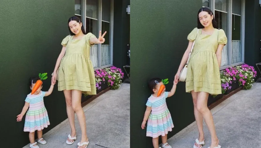 「最美校花」卸貨倒數！挺巨肚帶愛女吃西餐　白皙鉛筆腿全放送