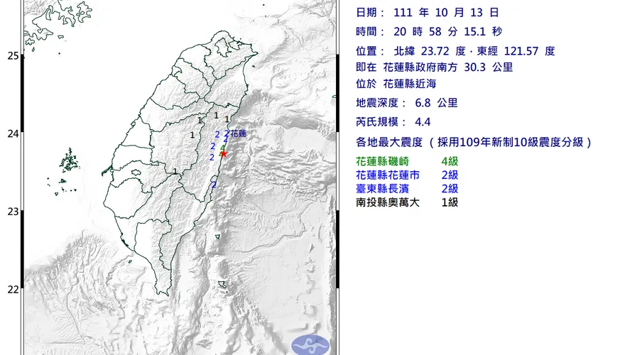 快訊/晚間「地牛突翻身」！花蓮極淺層地震規模4.4 最大震度花蓮縣磯崎4級