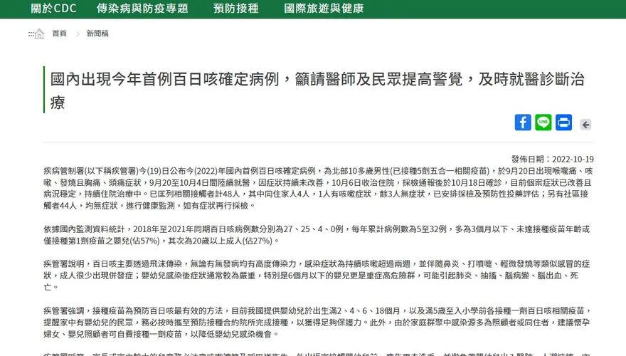 快訊/今年百日咳首例！疾管署證實北部國中生「五症狀」確診住院治療