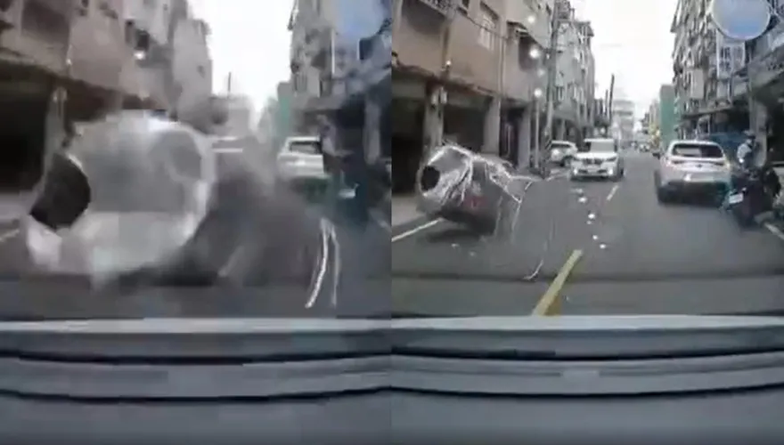 路過汽車遭「從天而降」水塔重砸！驚悚畫面曝　網嚇：我手機也抖一下…