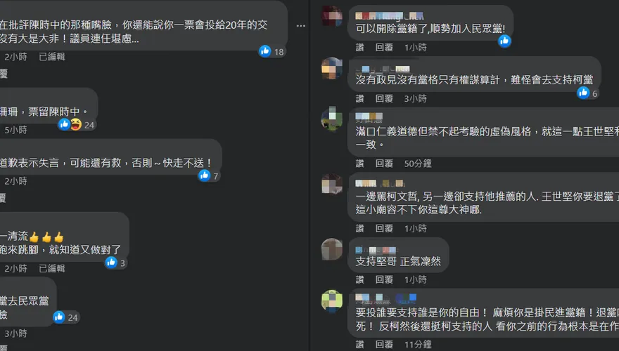 王世堅讚黃珊珊正直清廉　臉書遭出征灌爆：快點退黨！