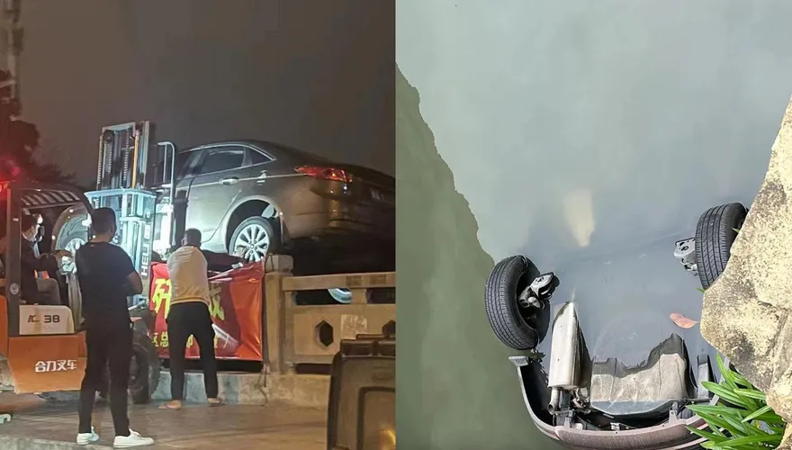 【影】94狂！車位被占對方拒移車　男子霸氣找來推高機直接把車扔河中