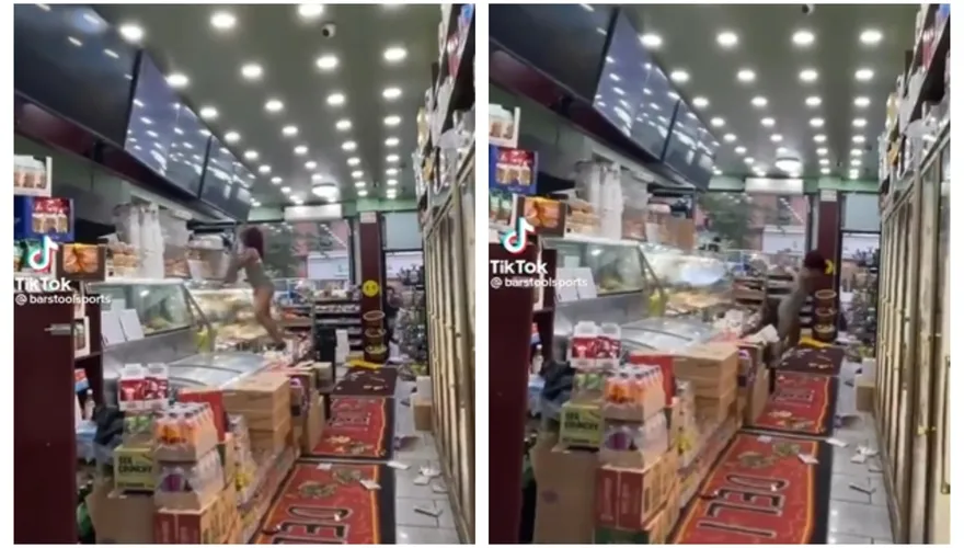 【影】紐約日常？爆乳女砸店　「店員舉肩擲物」一把命中　她前傾摔感覺超痛