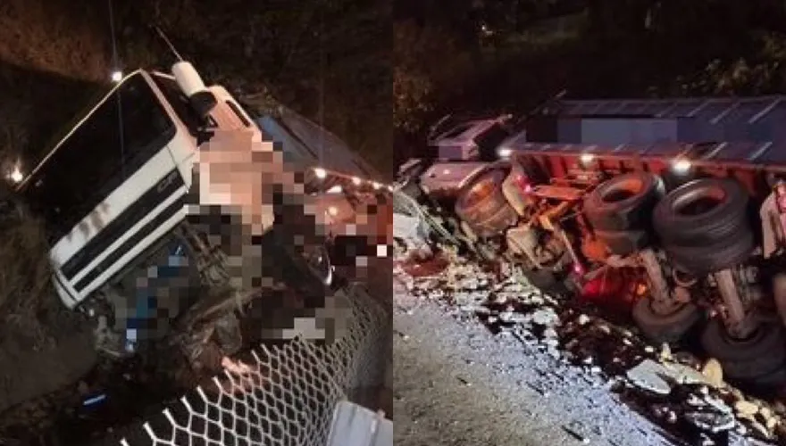 快訊/ 駕駛逃過一劫！國3大甲段聯結車碰撞轎車後衝倒整片護欄　翻覆側躺邊坡