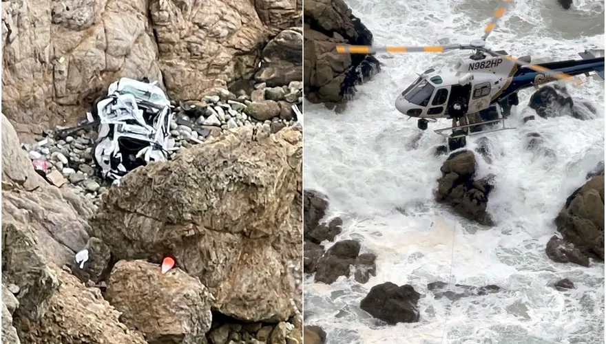 福大命大！特斯拉掉落懸崖摔成一團廢鐵　車上4人全數生還