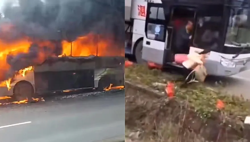 影/「燒到只剩車架」！廣東大巴突起火35人急逃　乘客大喊：東西別拿了