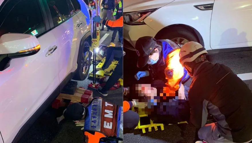 台南一女子因車禍遭壓車底　消防隊員出動千斤頂順利救人
