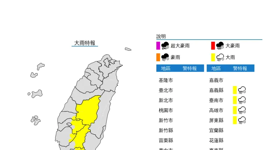 快訊/中南部6縣市山區晚間大雨　明早出門慎防雷雨、強風
