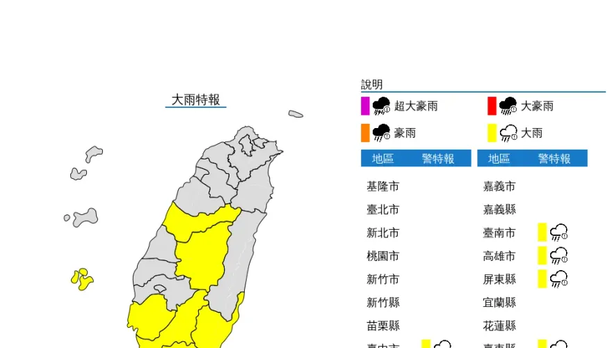 快訊/下班帶傘！7縣市發布大雨特報　中南部雨彈炸到晚上