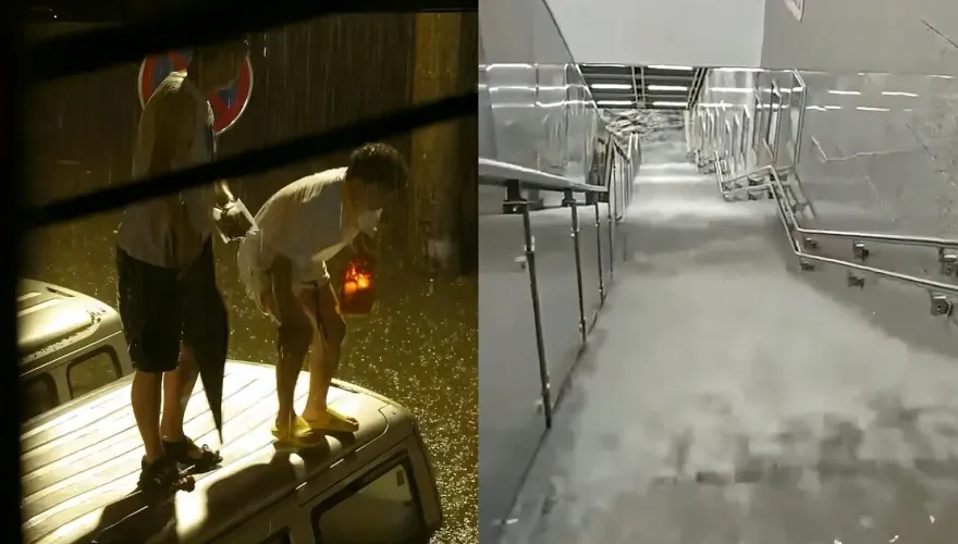 影/地鐵噴水池站真成「噴水池」！暴雨狂灌畫面曝　貴陽人變「瑪莉歐」跳車頂過積水