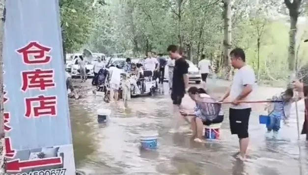 影/「混水摸魚」樂翻！山西暴雨後街道湧魚群　民眾拎「家私」齊聚抓魚