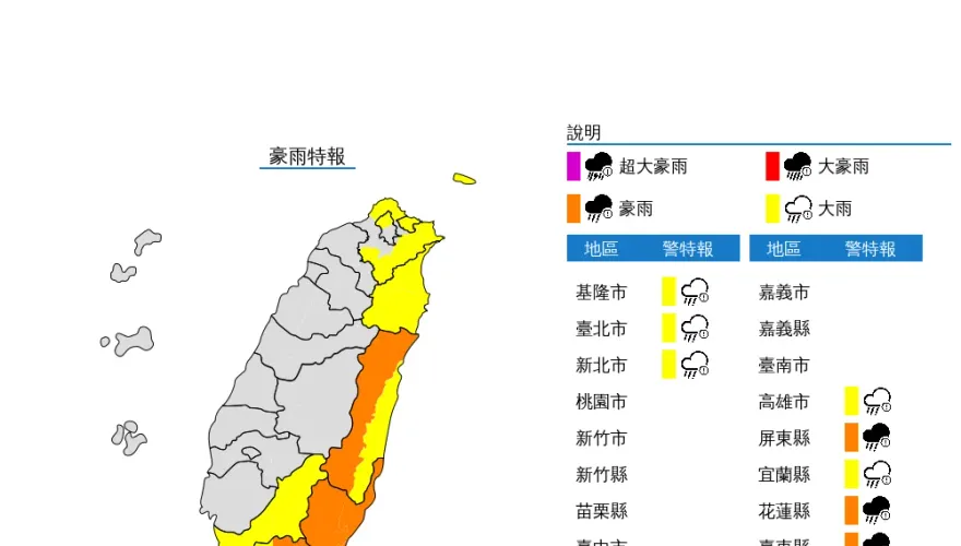 8縣市豪大雨特報！氣象署：花蓮縣、屏東縣山區慎防局部豪雨