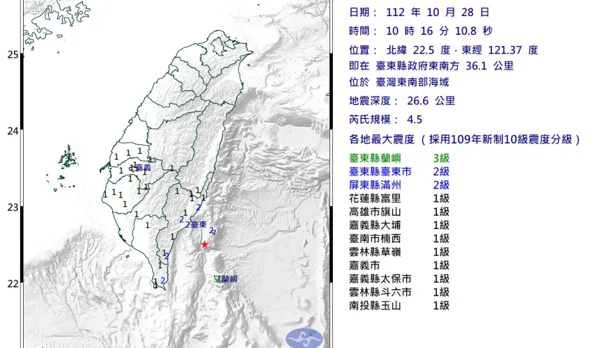 快訊/10:16東南海域規模4.5地震　最大震度3級