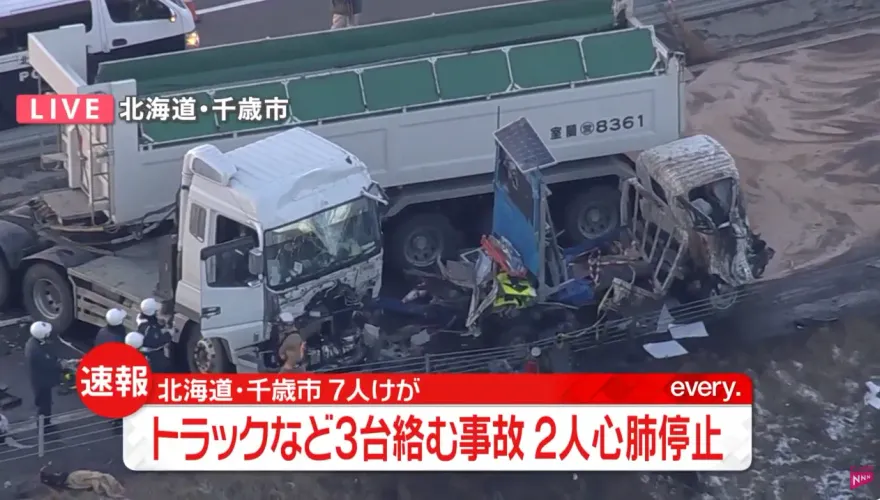 影/北海道國道3車追撞　拖板車狠撞2道路作業卡車釀2死5傷