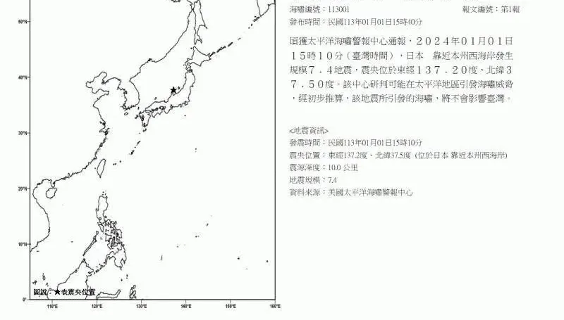快訊/日本7.6強震發布海嘯警報　氣象署：不會影響台灣