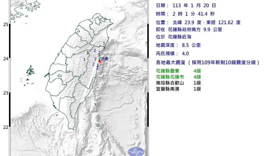 花蓮地牛翻身！凌晨芮氏規模4地震　最大震度4級