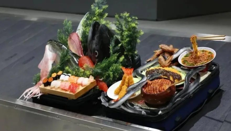 影/行李轉盤化身「美食輸送帶」　日本機場炸蝦拉麵「上菜」遊客餓爆