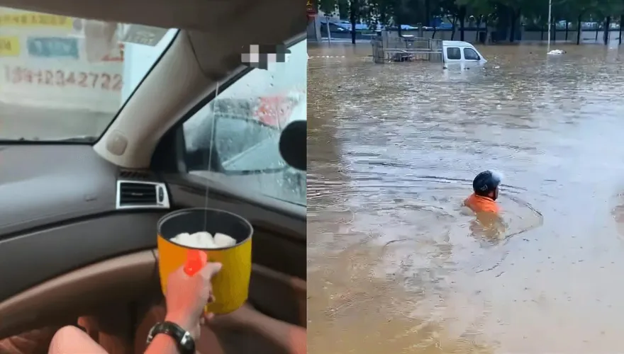 影/雨彈狂炸廣東「積水沒脖」行人推車前行　「小蠻腰」1小時連接6次閃電