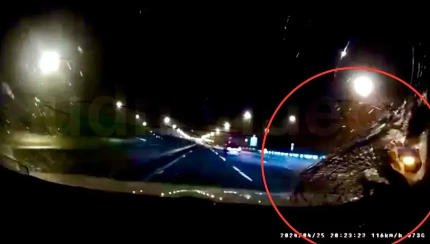 影/國道驚魂！天降超大鐵片砸破前擋玻璃　一家3口妻兒後座逃過一劫