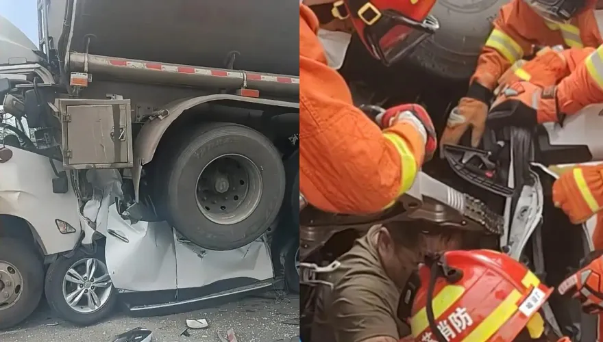 影/驚悚現場曝！5車連環撞「轎車遭夾擊擠扁」　目擊者：車上3人奇蹟生還