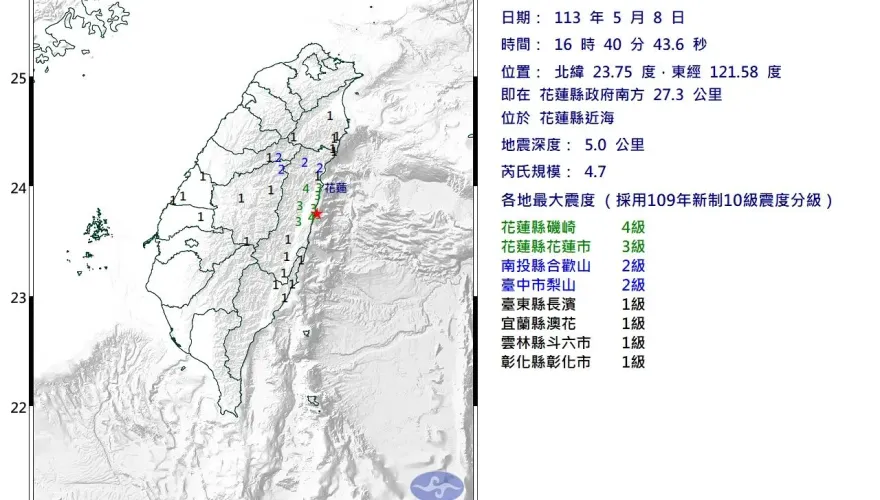 快訊/16:40花蓮近海規模4.7地震　7縣市有感