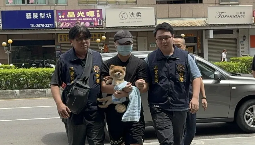 快訊/疑殺3至親！女婿抱博美狗「糯米」接受偵訊　牠嚇到身體僵硬
