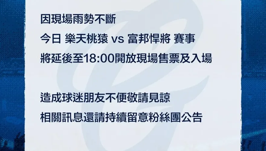 快訊/新莊球場雨勢增大！富邦悍將對樂天桃猿之戰宣布延賽