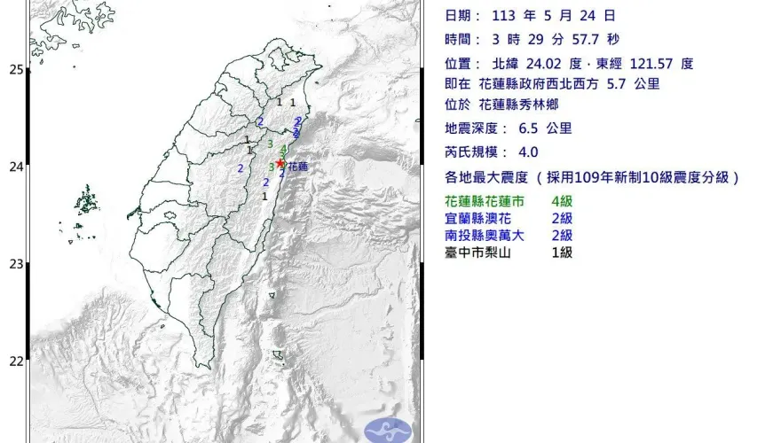 快訊/地牛又生氣了！花蓮秀林03:29發生規模4「極淺層地震」　深度僅6公里