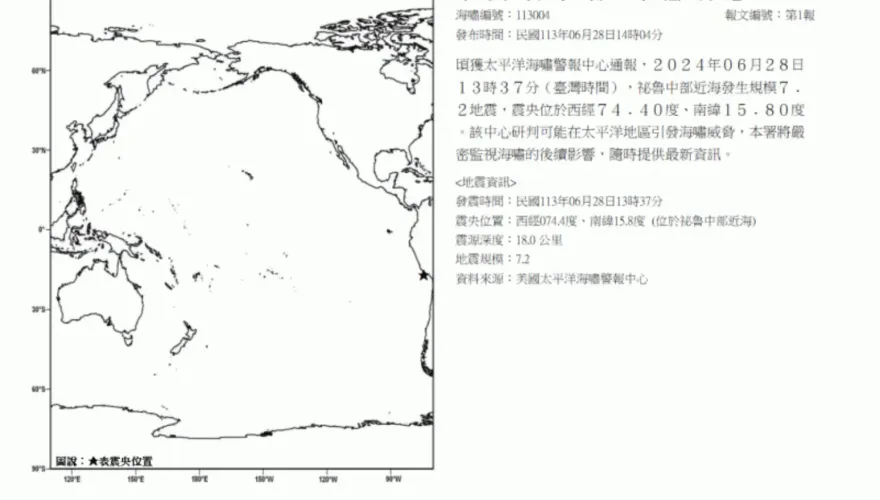 秘魯南部海岸發生規模7.2強震！　中央氣象署發布海嘯消息：將嚴密監視