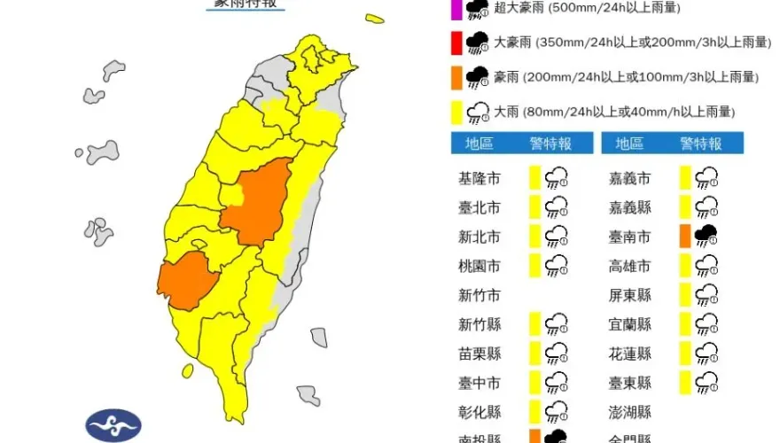 強度升級！雨彈戰機橫掃「18縣市」　「2地區」亮橘燈達豪雨警戒