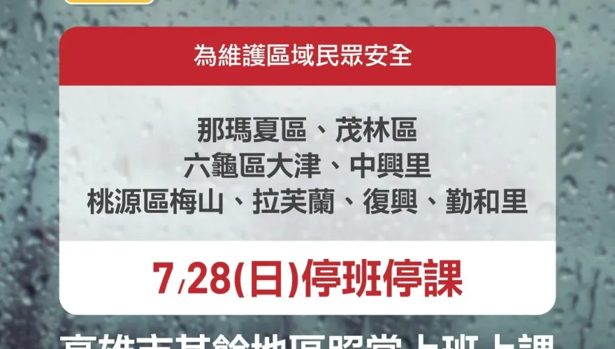 快訊/續放第5天颱風假！高雄、雲林、花蓮「7地區」7/28達停班停課標準
