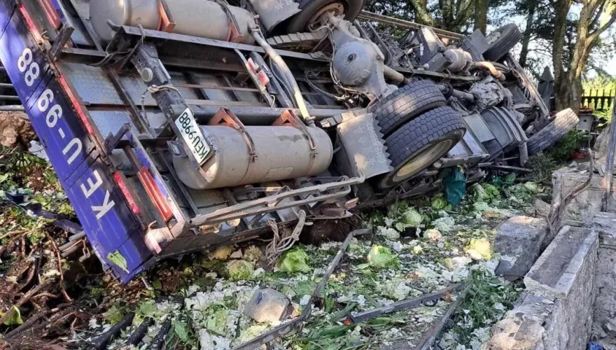 影/南投貨車過彎失控！撞民宿圍牆翻覆　路面變「高麗菜海」