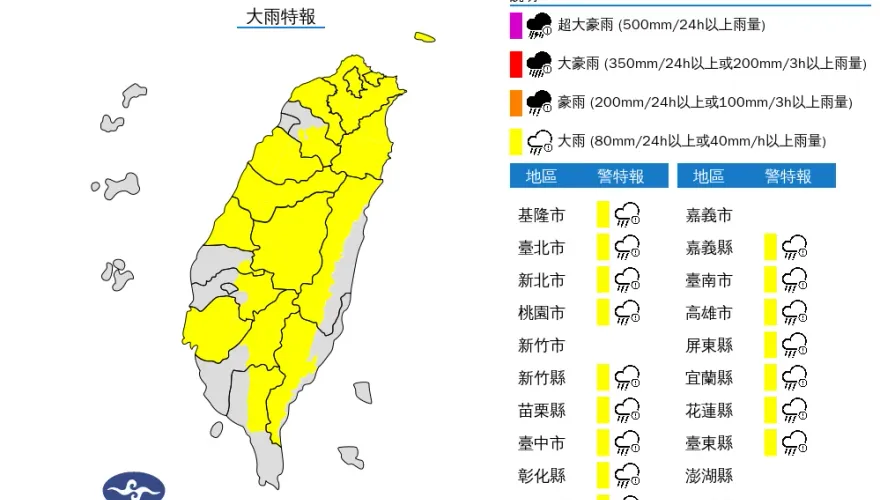 快訊/雨區擴大「17縣市大雨特報」　慎防雷擊強風