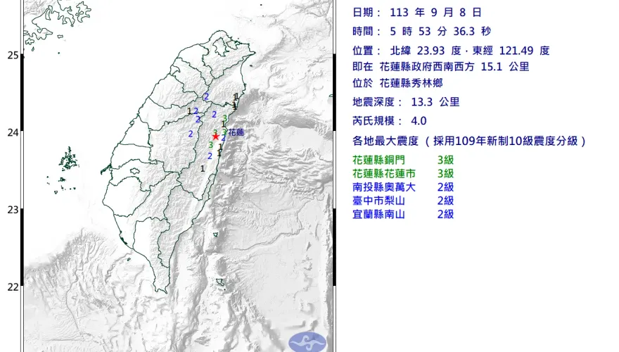 快訊/4縣市有感！花蓮秀林05:53「規模4.0極淺層地震」　最大震度3