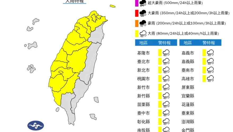 快訊/15縣市大雨特報、大雷雨襲台中、雲林　氣象署：慎防「落石及積水」