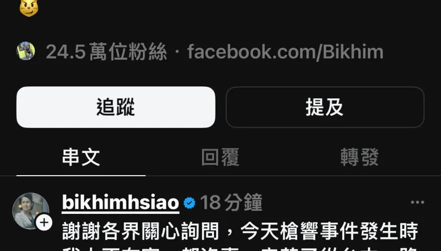 快訊/本人回應了！永和住處旁警開3槍逮竊嫌　蕭美琴發文「沒事，大家平安！」