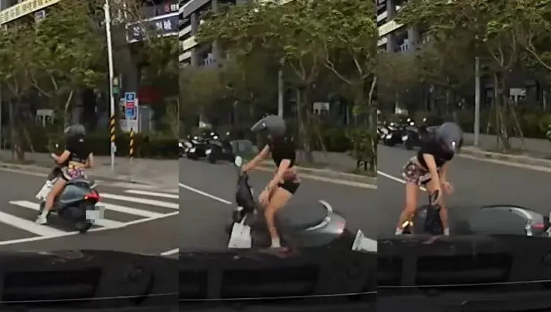花裙妹颱風天騎車被吹倒！跌路口「辣腿全都露」　駕駛1舉動被讚：好人一生平安