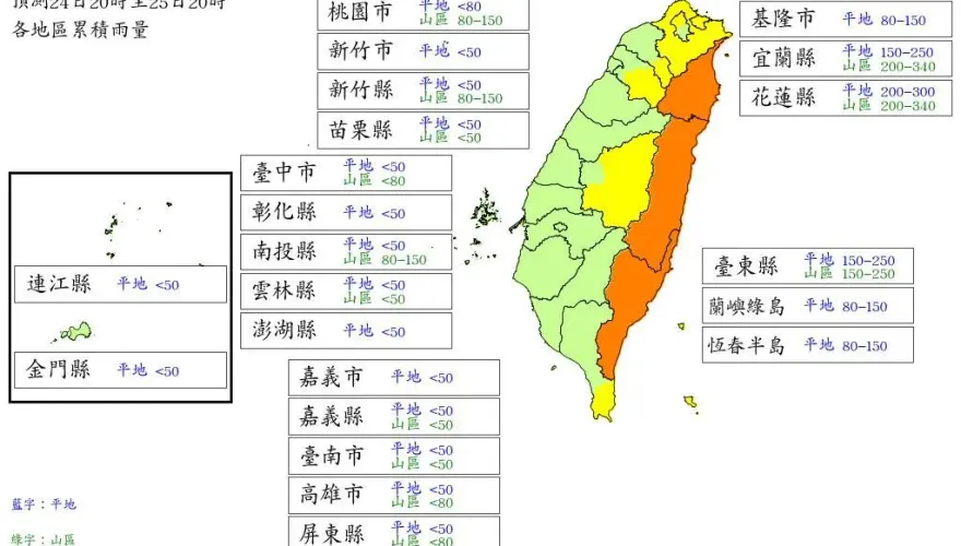 氣象署最新雨量預測　「1縣市」10/25達停班課標準
