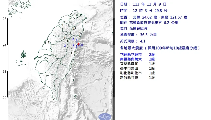 花蓮又地震！12:03規模4.1　台中、彰化都有感
