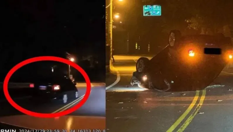 南投轎車跨雙黃線超車失控烏龜翻！網笑：這不能停車喔